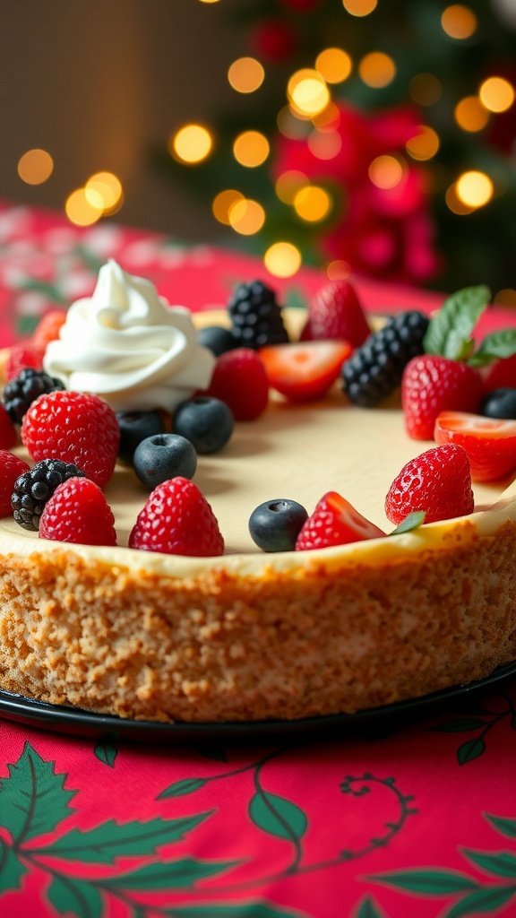 A festive no-bake cheesecake topped with mixed berries on a red tablecloth with holiday lights.